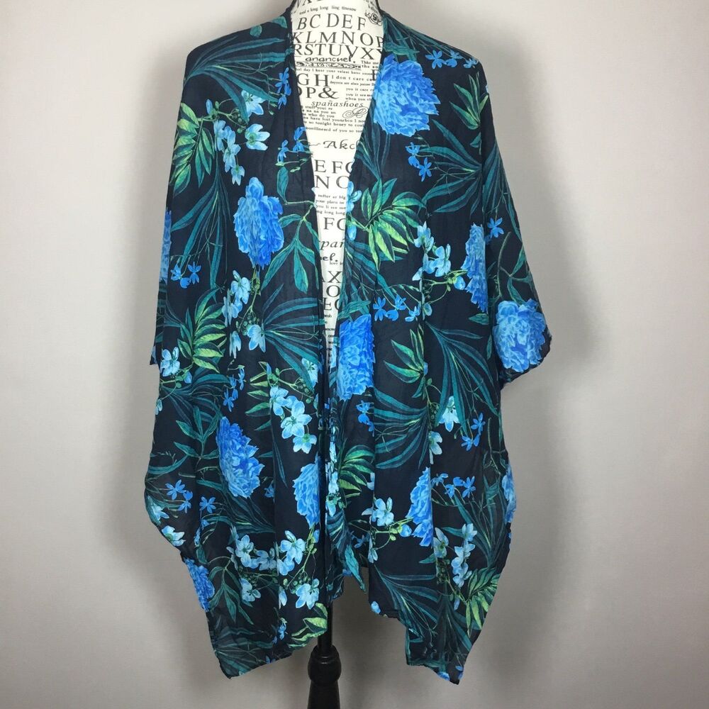 Floaty cover up duster robe pool beachy floral black blue green vacation O/S S-L